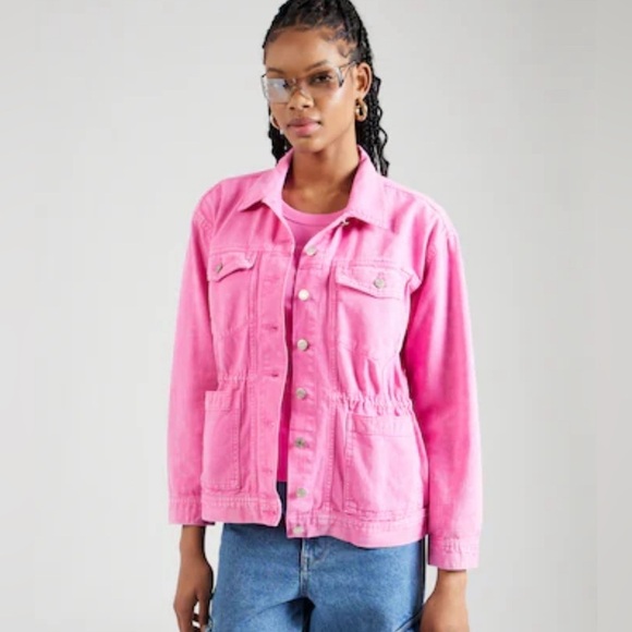 Gap Barbie Pink Barbiecore Denim Cinched Waist Oversized Jacket Coat Small P - Picture 1 of 11